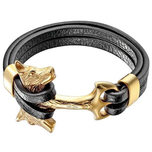Lederarmband Herren Mendes Anker Wolf Edelstahl Gold Schwarz von Mendes