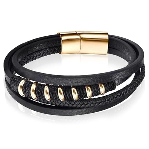 Lederarmband Mendes Edelstahl Perlen Seil Schwarz Goldfarben-18.5cm von Mendes