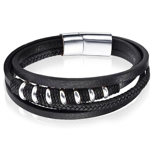 Lederarmband Mendes Edelstahl Perlen Seil Schwarz Silber-20.5cm von Mendes
