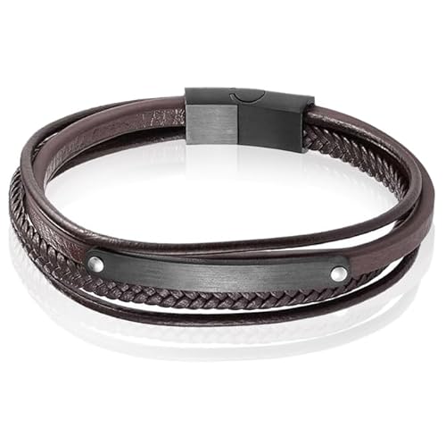 Mendes Herren Armband Braun Leder Edelstahl ID Gravurplatte Schwarz-21cm von Mendes