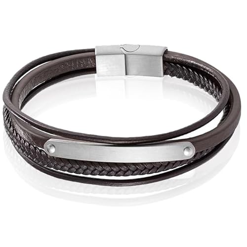 Mendes Herren Armband Braun Leder Edelstahl ID Gravurplatte Silber-21cm von Mendes