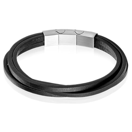 Mendes Herren Armband Leder Edelstahl Verstellbar Schwarz Silber von Mendes