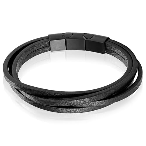 Mendes Herren Armband Leder Edelstahl Verstellbar Schwarz von Mendes