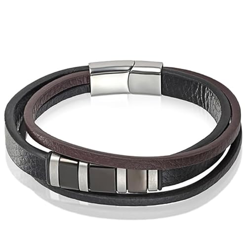Mendes Herren Armband Multi Leder Edelstahl Schwarz Braun-21cm von Mendes