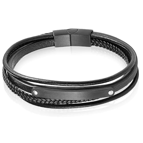 Mendes Herren Armband Schwarz Leder Edelstahl ID Gravurplatte-19cm von Mendes