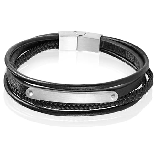 Mendes Herren Armband Schwarz Leder Edelstahl ID Gravurplatte Silber-19cm von Mendes