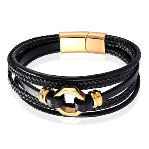 Mendes Jewelry Herren Armband aus Edelstahl und Echtleder - Stylisches Schwarz mit Gold Achtkante-23cm von Mendes