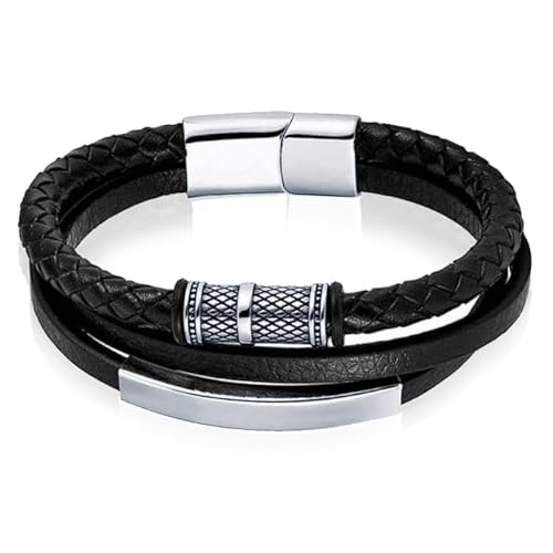 Mendes Multi Armband Leder Edelstahl Perle Schwarz Silber-22cm von Mendes