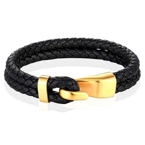 Mendes Schmuck Edelstahl und Echtes Leder Herren Armband in Schwarz und Gold-23cm von Mendes