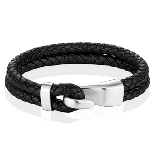 Mendes Schmuck Edelstahl und Echtes Leder Herren Armband in Schwarz und Silber-19cm von Mendes