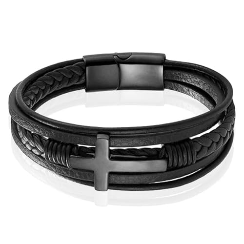 Mendes Schmuck Edelstahl und Echtes Leder Herren Armband mit großem Kreuz in Schwarz -19cm von Mendes