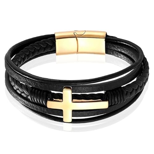 Mendes Schmuck Edelstahl und Echtes Leder Herren Armband mit großem Kreuz in Schwarz und Gold-23cm von Mendes