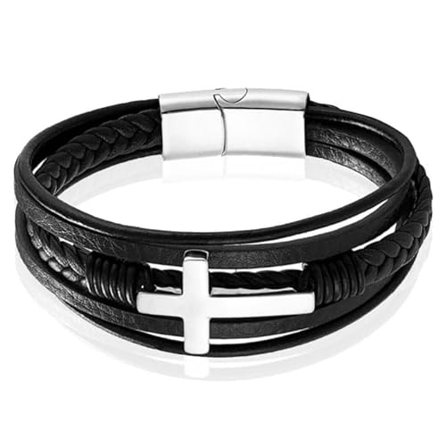 Mendes Schmuck Edelstahl und Echtes Leder Herren Armband mit großem Kreuz in Schwarz und Silber-21cm von Mendes