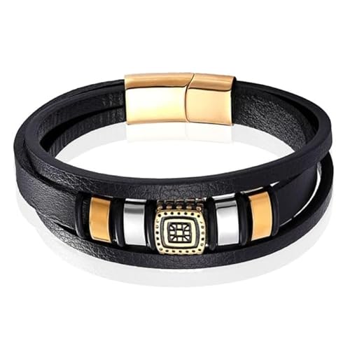 Mendes Schmuck Ethnische Herren Armband aus schwarzem Leder mit Gold und Silber Anhänger-23cm von Mendes