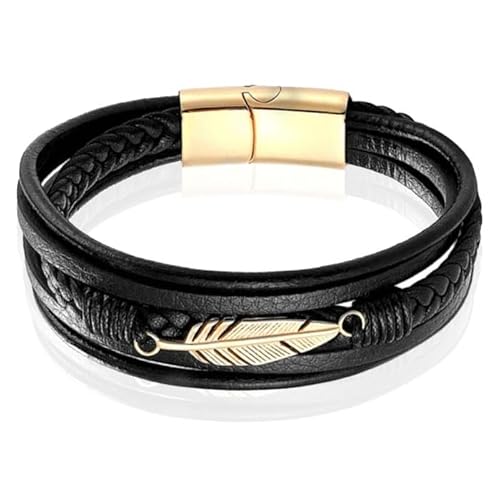 Mendes Schmuck Herren Armband - Cooles Schwarzes Leder mit Blattform Stahl Charm - Gold-23cm von Mendes