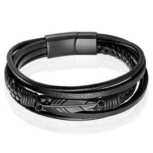 Mendes Schmuck Herren Armband - Robustes schwarzes Leder mit Blattform Stahl Charm - Schwarz-19cm von Mendes
