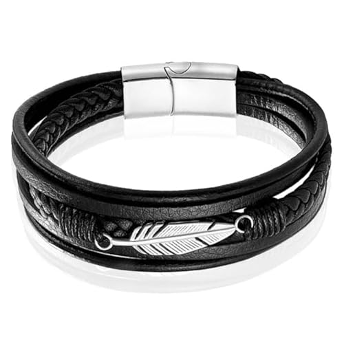 Mendes Schmuck Herren Armband - Robustes schwarzes Leder mit Blattform Stahl Charm - Silber-21cm von Mendes