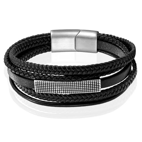 Mendes Schmuck Herren Armband - Robustes schwarzes Leder mit silberner rechteckiger Platte 23cm von Mendes
