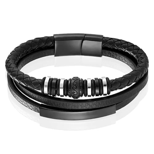 Mendes Schmuck Herren Armband - Schwarzes Leder mit Silber Charms und schwarzem Verschluss-21cm von Mendes