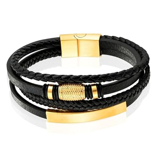 Mendes Schmuck Herren Armband aus Edelstahl und Echtleder - Luxus Schwarz mit Goldenen Elemente-21cm von Mendes