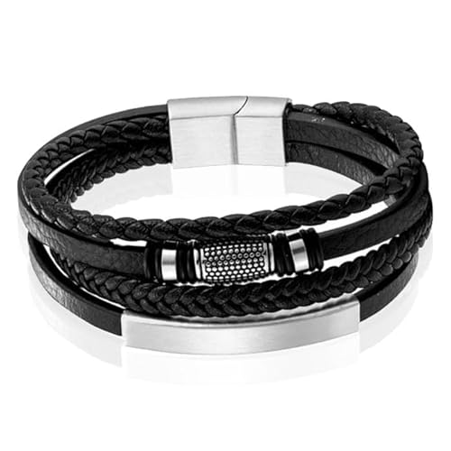 Mendes Schmuck Herren Armband aus Edelstahl und echtem Leder - Stilvolles Schwarz mit Silber-Elemente-19cm von Mendes