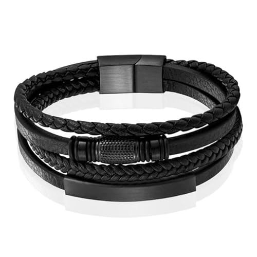 Mendes Schmuck Herren Armband aus Edelstahl und echtem Leder - Strapazierfähiges Schwarz mit Schiebeelementen-23cm von Mendes