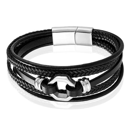 Mendes Schmuck Herren Armband aus Edelstahl und echtem Leder - Stylisches Schwarz mit Silber Achtkante-19cm von Mendes
