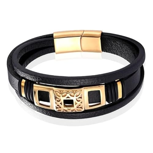 Mendes Schmuck Luxus Herren Armband aus schwarzem Leder mit Goldenen Elemente-19cm von Mendes