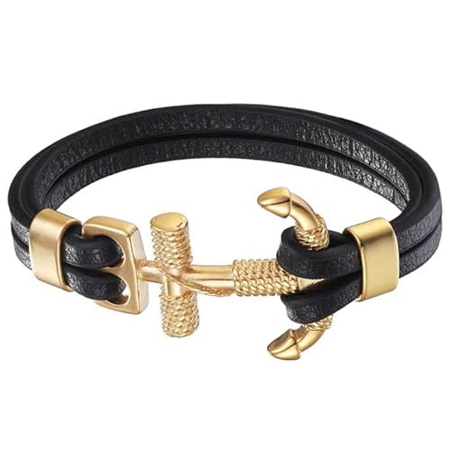 Mendes Seemans Armband Leder Edelstahl Anker Gold Schwarz von Mendes