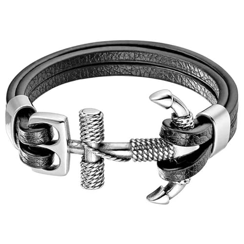 Mendes Seemans Armband Leder Edelstahl Anker Silber Schwarz von Mendes