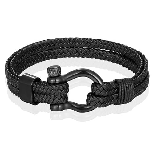 Nautische Herren Armband Leder Edelstahl Schwarz - 19cm von Mendes