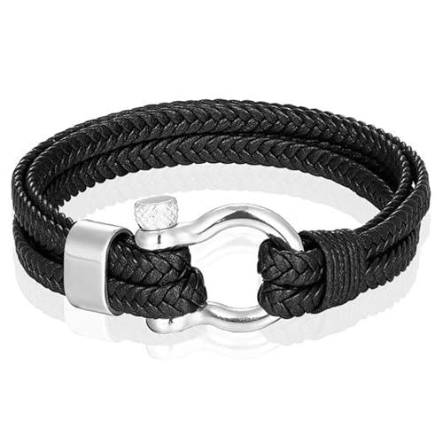 Nautische Herren Armband Leder Edelstahl Schwarz Silber - 19cm von Mendes