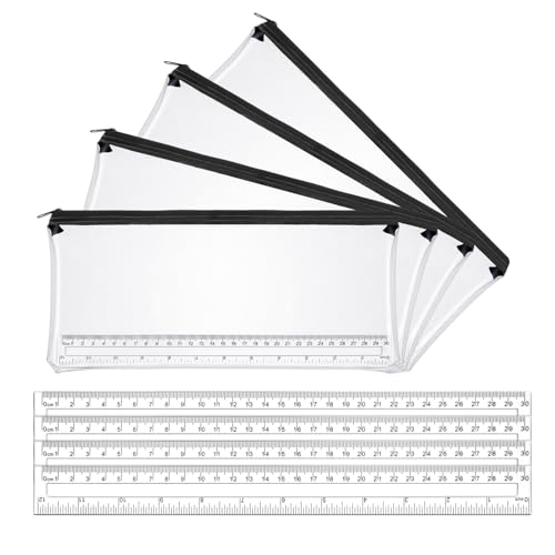 Meng Jiaran 4 x transparentes Federmäppchen für Prüfungen + 4 x 30 cm Lineal, 32 cm großes transparentes Federmäppchen, durchsichtiges Federmäppchen mit schwarzem Reißverschluss für Schule, Zuhause, von Meng Jiaran