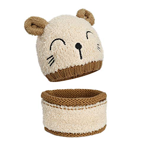 MengH-SHOP Baby Mütze und Schal Set Kinder Wintermütze Kleinkind Winter Warme Strickmütze mit Kreis Schleife Schal Beanie Schlupfmütze für 1-3 Jahre Jungen Mädchen (Beige) von MengH-SHOP