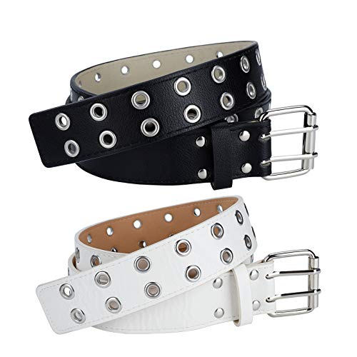 MengH-SHOP Doppelter Öse Ledergürtel PU Leder Ösengürtel Punk Goth Gürtel Nietengürtel Unisex Gürtel Doppelzinkenschnalle Gürtel für Damen und Herren 2 Stück (Schwarz und Weiß) von MengH-SHOP