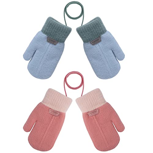 MengH-SHOP Kinder Strickhandschuhe Fäustlinge Winter Warme Handschuhe Fleece-Innenfutter Winterhandschuhe mit Schnur Kleinkinder Fausthandschuh für 3-6 Jahre Jungen Mädchen 2 Paar (Blau und Rosa) von MengH-SHOP