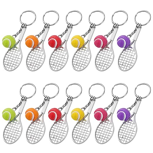 MengH-SHOP Sport Schlüsselanhänger Mini Tennisschläger Schlüsselanhänger Metall Tennis Schläger Schlüsselring Geschenk für Tennisliebhaber 12 Stück (6 Farbe Bälle) von MengH-SHOP