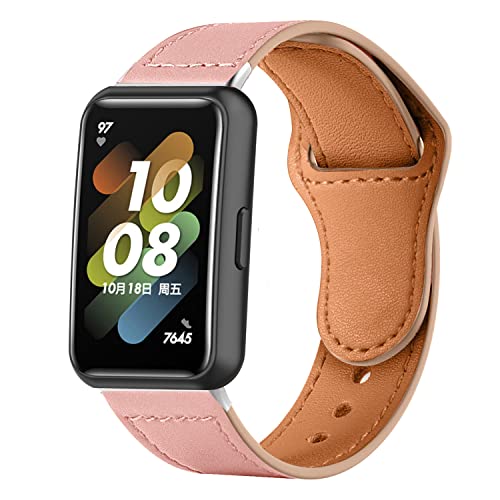 Menglo Armbänder Leder Uhrenarmband für Huawei Band 7 Lederarmband mit Metallschnalle aus Edelstahl Armband für Herren Damen, Lederarmband für Huawei Band 7 (rosa,Band7) von DESGNT