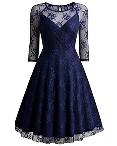 Damen Abendkleid Elegant Cocktailkleid Vintag 3/4 Arm mit Spitzen Knielang Party Kleid Marineblau M Damen Abendkleid Elegant Cocktailkleid Vintag 3/4 Arm mit Spitzen Knielang Party Kleid Marineblau M von Mengmiao