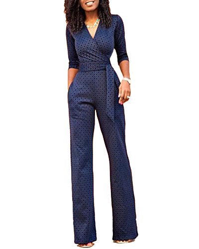 Damen Jumpsuit Lang Hosen V-Ausschnitt 3/4 Ärmel Spitze Frauen Overall Party Abendmode Marineblau S von Mengmiao