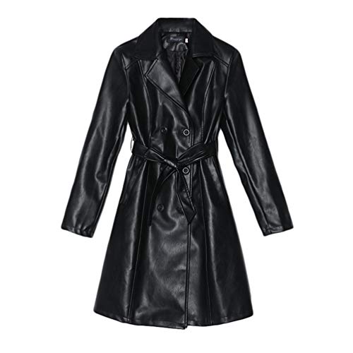 Mengmiao Damen Lang Revers PU Lederjacke mit Gürtel Langarm Windbreaker Kunstlederjacke Mantel mit Knopf (Schwarz, 2XL) von Mengmiao