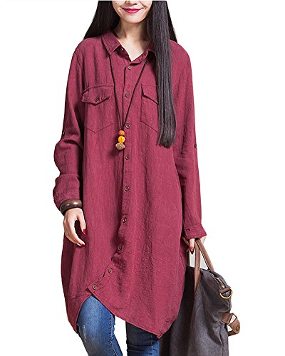 Mengmiao Damen Lange Bluse Unregelmäßiger Rand Buttons Lose Beiläufige Weinlese Hemd Kleid Burgunderrot 2XL von Mengmiao