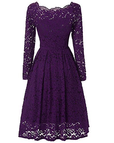 Mengmiao Damen Schulterfrei Cocktailkleid Retro Spitzen Schwingen Kleid Violett XL von Mengmiao