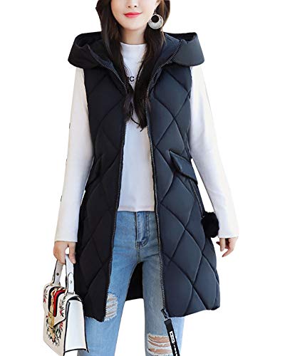Mengmiao Damen Weste mit Kapuze Ärmellos Einfarbig Steppweste Verdicken Slim Fit Lang Mantel Schwarz M von Mengmiao