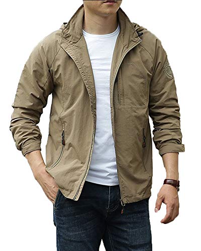 Mengmiao Herren Softshelljacke Lange Ärmel Mantel Einfarbig Multi-Pocket Jacke Mit Kapuze Kaki L von Mengmiao