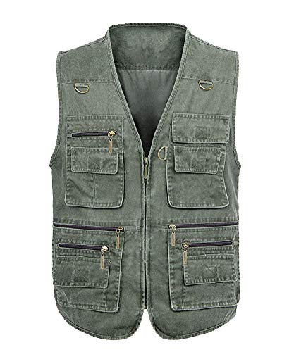 Mengmiao Herren Stone Washed Denim Multi-Taschened Fishing Weste Armee-Grün 2XL von Mengmiao