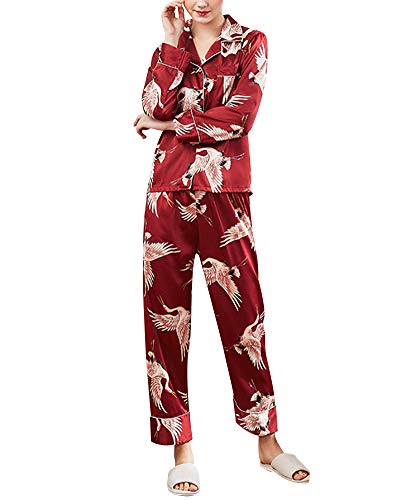 Pyjamas Damen Schlafanzug Langarm Nachtwäsche Set V-Ausschnitt Sleepwear Burgunderrot L von Mengmiao