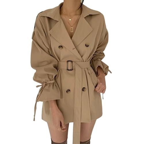 Mengsiy Herbst Winter Khaki Minimalistischen frauen Trenchcoat Schärpen Windjacke Lose Flare Hülse Zweireiher Trench (Color : C, Size : One Size) von Mengsiy