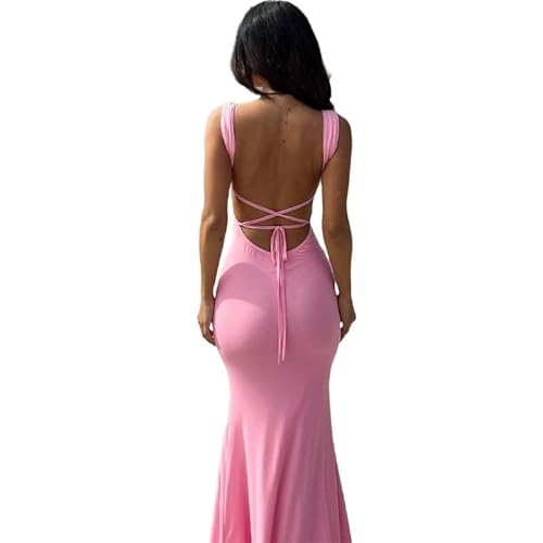 Rückenfreies rosa langes Kleid mit Schnürung for Frauen, figurbetont, sexy, schmales Träger-Maxikleid, Party, Elegante Geburtstags-Abend-Outfits (Color : A, Size : S) von Mengsiy