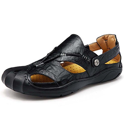 Mengxx Herren Fischer Leder Sommer Sandalen Herren Geschlossene Zehe Ledersandalen Slip-on Sommer Schuhe (EU 43, Schwarz) von Mengxx